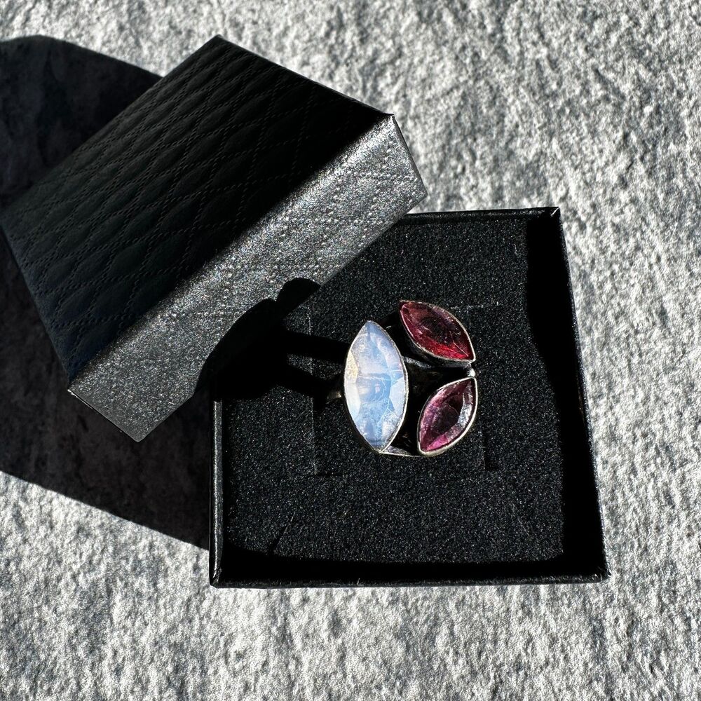 NEW Elegant Opalite Pink Tourmaline Marquise Gemstone Silver Statement Ring Sz 8 - Picture 12 of 12